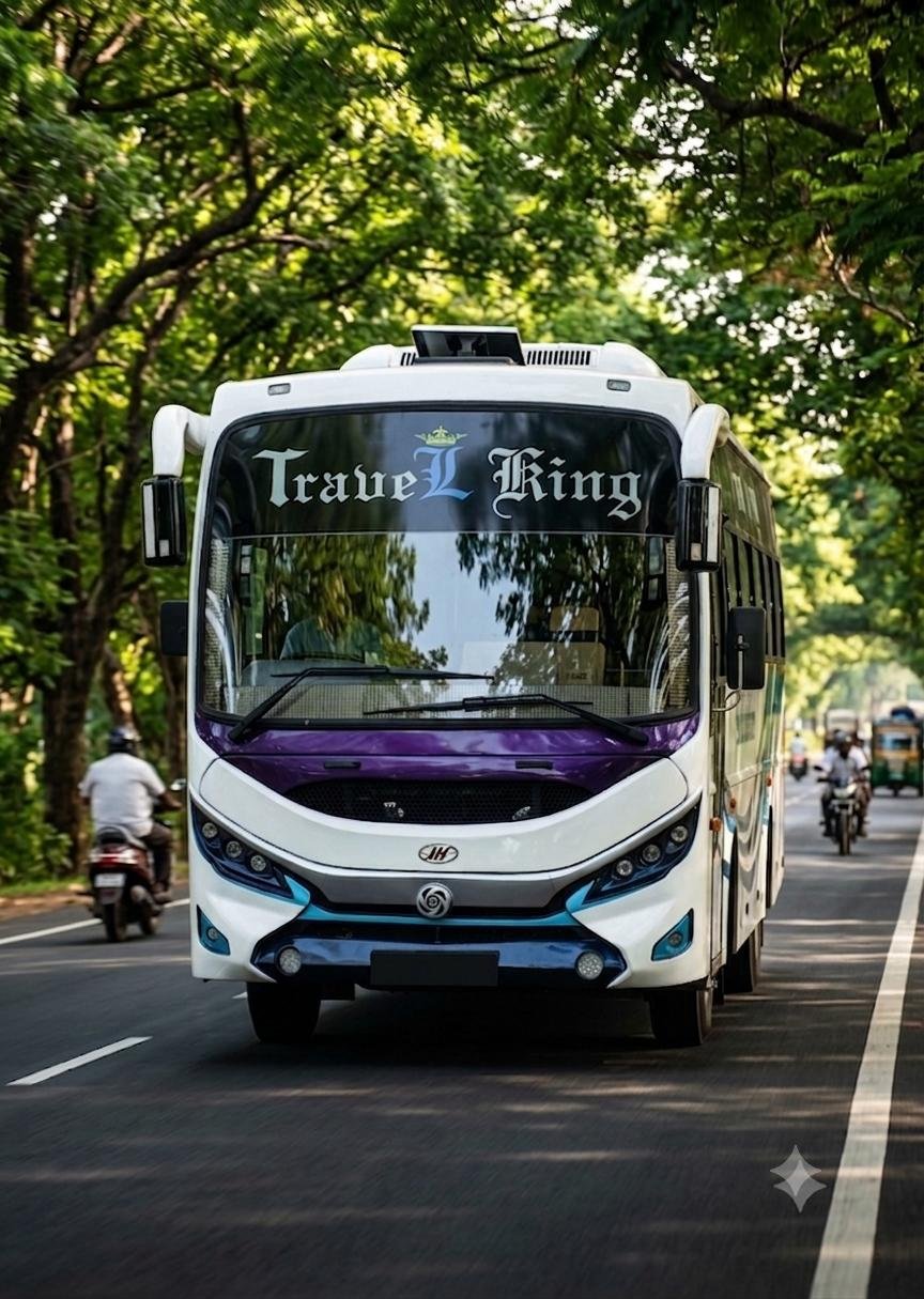 TK TRANS BUS coach travelling on a tree-lined road